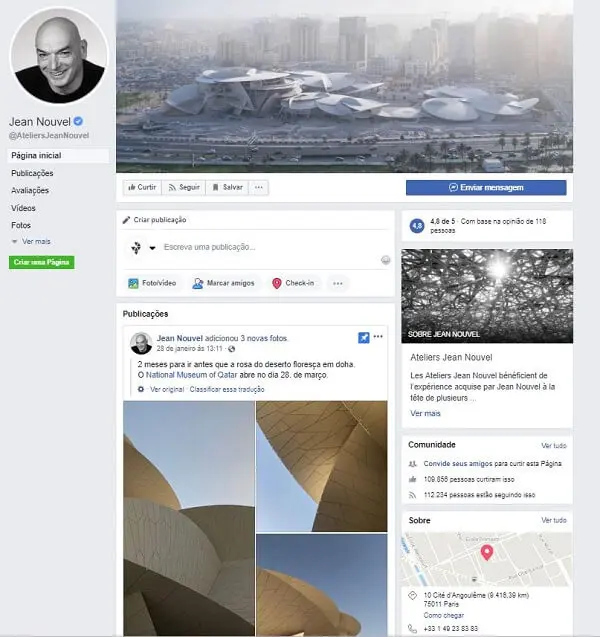 Como criar uma página no Facebook: Jean Nouvel