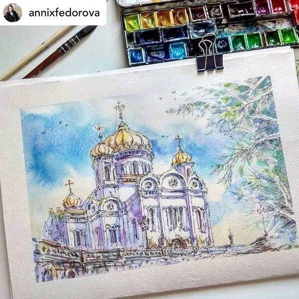Desenhos de arquitetura: desenho de igreja pintado com tinta (@archiholicdrawings)