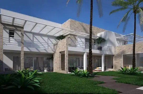 Casa quadrada: fachada branca com tijolos (projeto: Olegário de Sá & Gilberto Cioni)