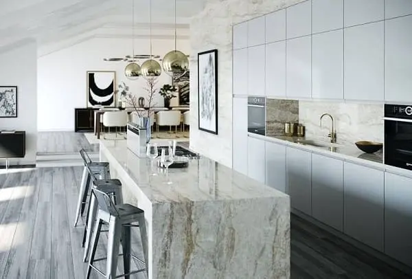 Balcão de mármore na cozinha: branco traz elegância e amplitude para o espaço (projeto: Cosentino)
