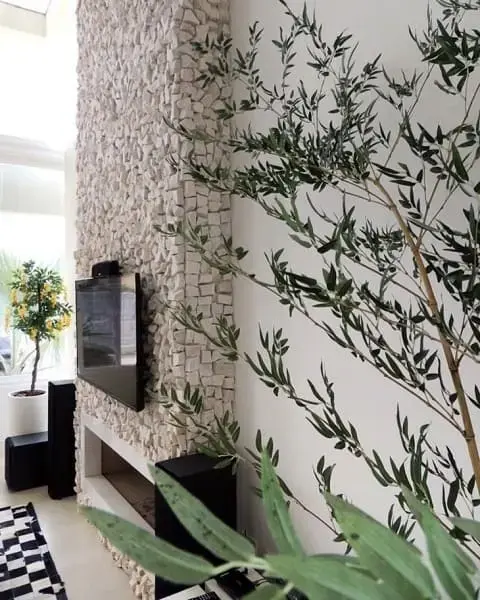 Pedra Portuguesa na lareira e plantas na decoração (projeto: Rodrigo Becker Arquiteto)
