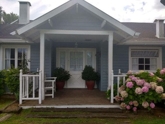 Casa estilo americano: casa de madera con fachada azul y plantas en la entrada (foto: Pinterest)