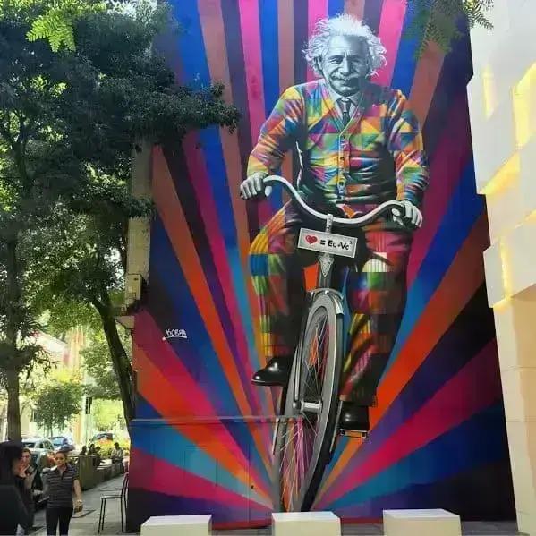 Kobra grafite: mural com temática bicicleta retrata Albert Einstein