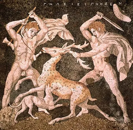 Mosaico Grego encontrado na região de Pela retrata caçadores do veado. Período: Século IV a.C.
