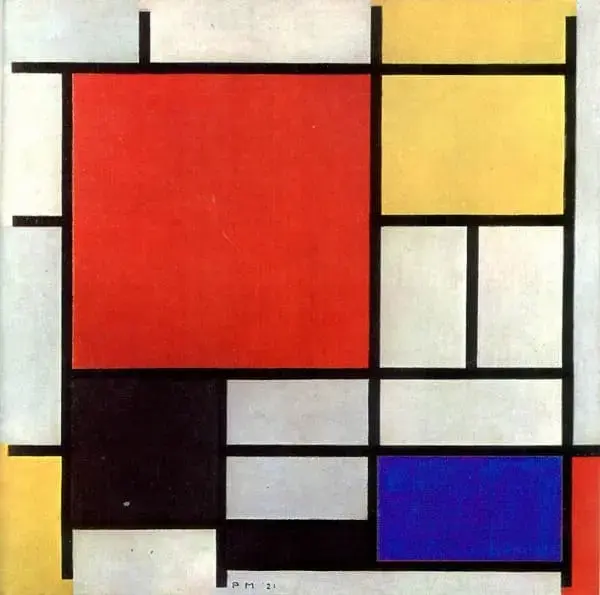Neoplasticismo: composição com vermelho, amarelo, azul e preto. Quadro de Piet Mondrian - 1921