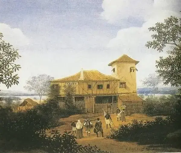 Casa-grande de taipa no século XVII (obra: Frans Post)