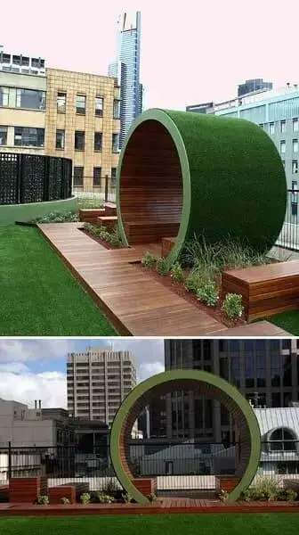Mobiliário Urbano: banco com cobertura e área verde (foto: Pinterest)