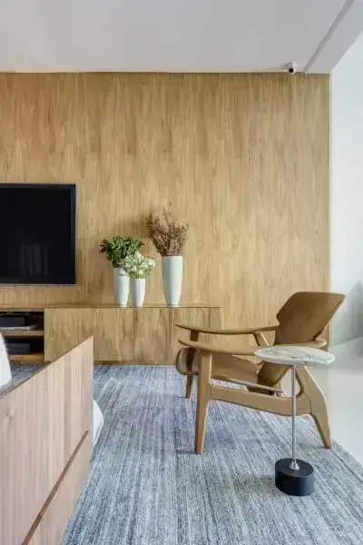 Fundo madeira clara: sala de estar com painel em freijó (Foto: Pinterest)