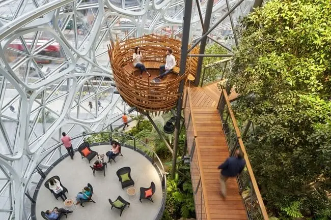 Design biofílico: As esferas da Amazon promovem momentos de relaxamento dos funcionários. Foto: Bruce Damonte
