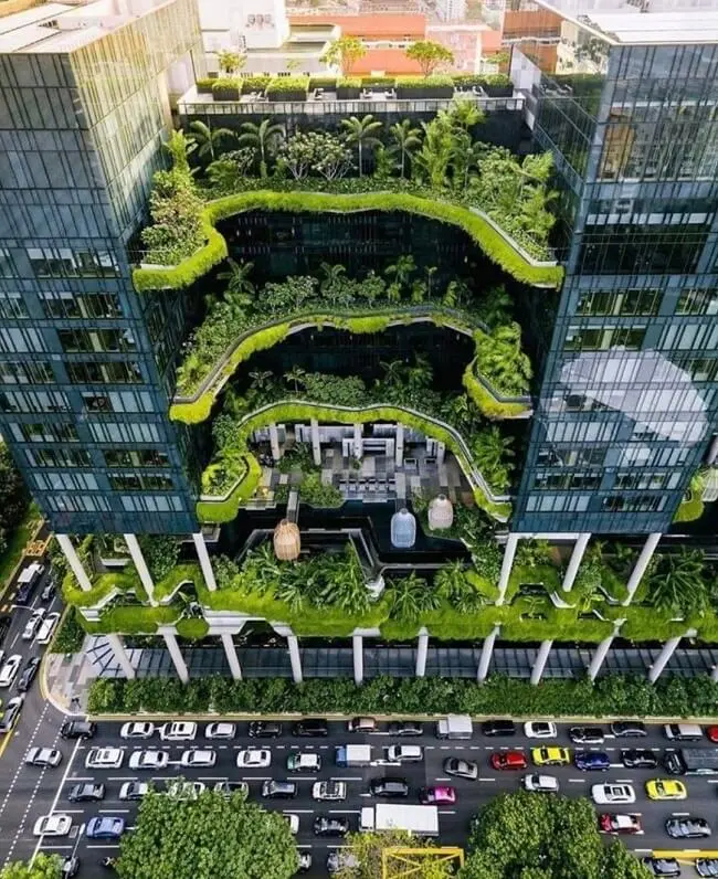 O Parkroyal é um clássico da arquitetura sustentável e da aplicação do design biofílico. Fonte: Pinterest