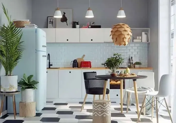 Estilos de cozinhas retrô: a decoração é normalmente formada com móveis e objetos inspirados no design de produtos, da década de 70 e 80. Fonte: Pinterest