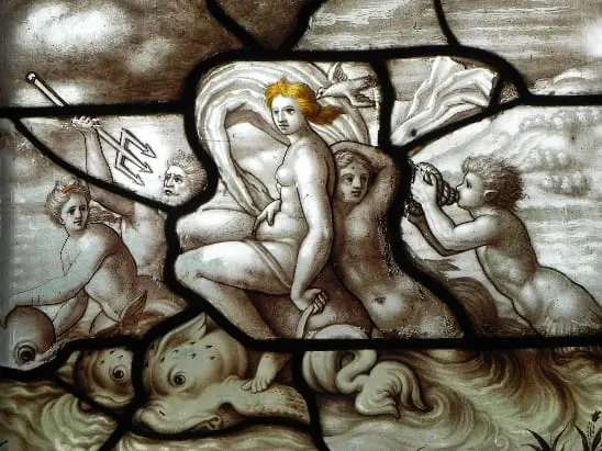 Vitrais: vitral renascentista de tema mitológico na Galeria de Psiquê (foto: Artrianon)