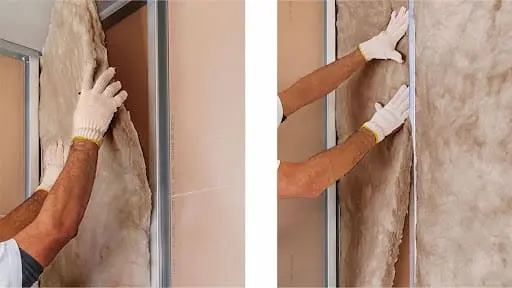 Aplicação de lã de vidro em parede de drywall (foto: Ciamon)