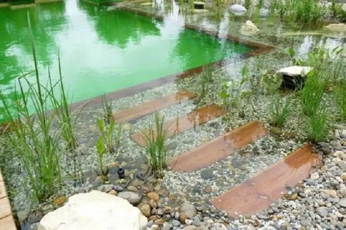 As pedras nas laterais da piscina biológica agregam ainda mais valor no projeto. Fonte: Le Matin