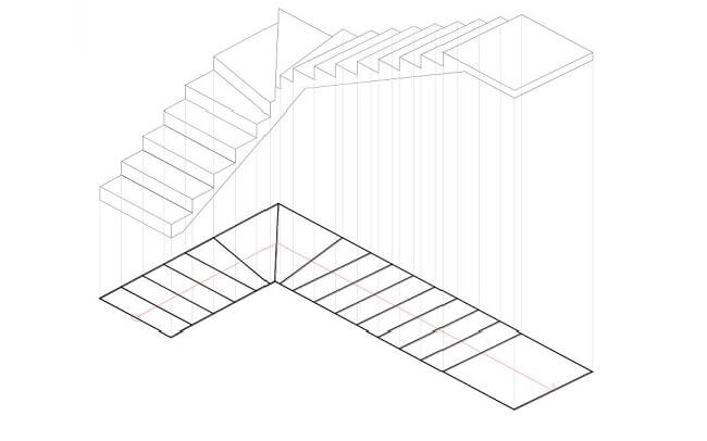 Exemplo de escada em leque corte em formato L. Fonte: SlideServe
