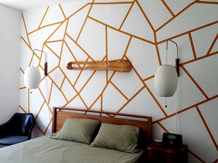 Projeto de quarto com mosaico na parede com fita crepe