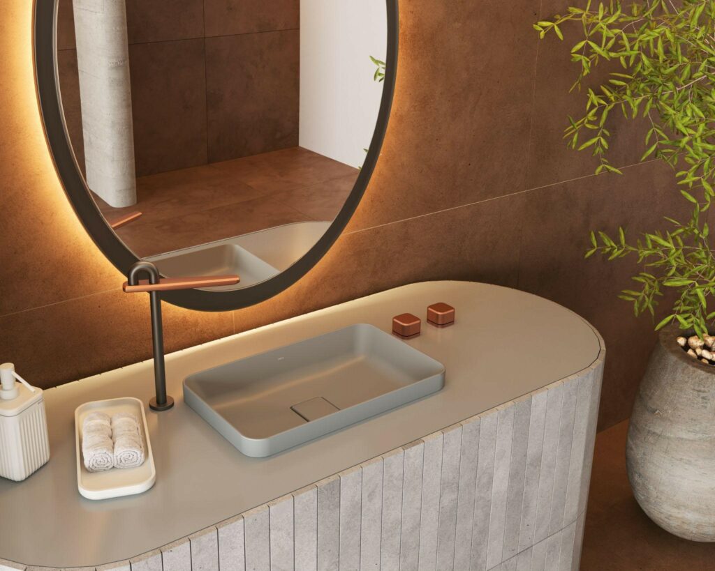 Lavabo moderno com Deca You – Bica Memphis Dark Antracite e Dynamic Peach 